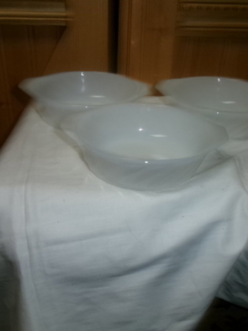 Vtg Opalescent Fireking lot of 4 swirl bowls with handle cereal soup sm casserol